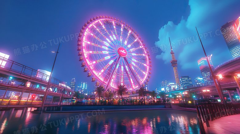 夜景城市摩天轮游乐场图片