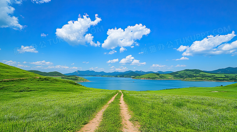 小路湖边蓝天白云草地春天图片