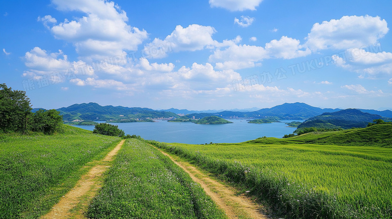 小路湖边蓝天白云草地春天图片