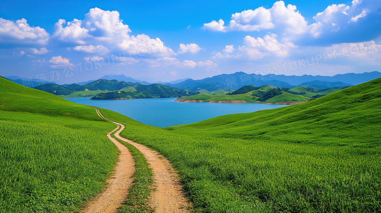 小路湖边春天蓝天白云风景图片