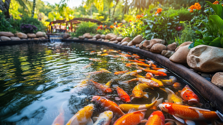 阳光池塘锦鲤鱼金鱼鱼类自然动物图片