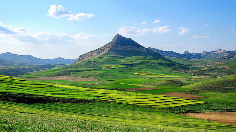 蔚蓝天空绿色乡村草地风景图片