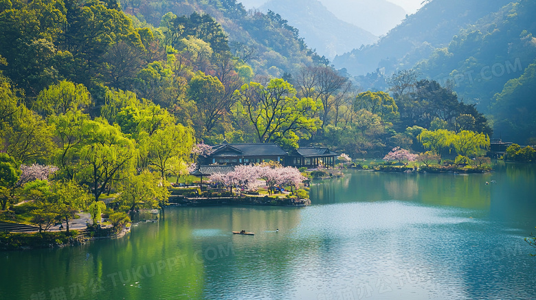 绿色大自然山水树木景色图片