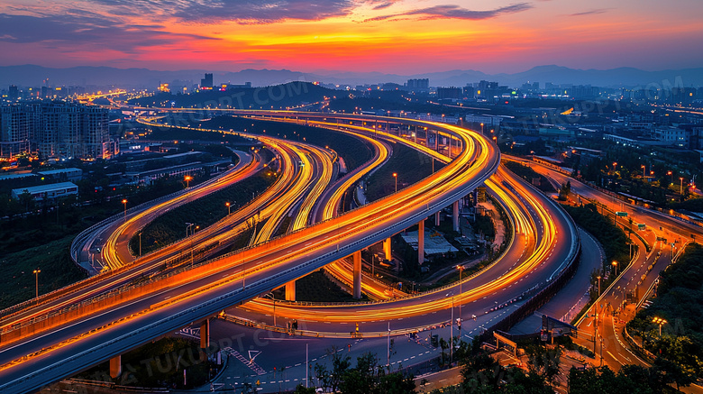 傍晚城市夜景高架桥图片