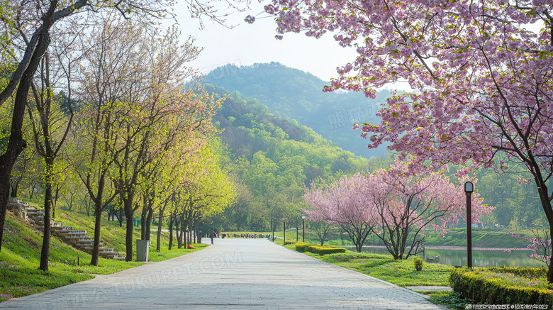 绿树成荫的公园道路风景图片