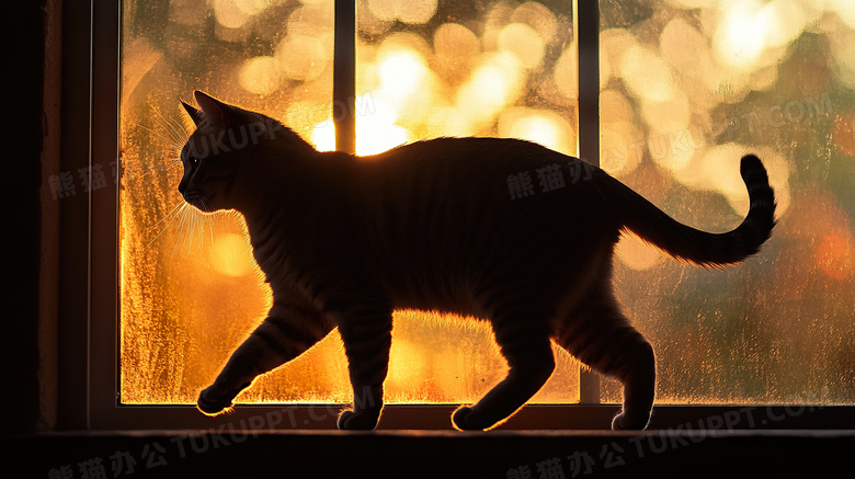 夕阳下窗边一只猫的剪影图片