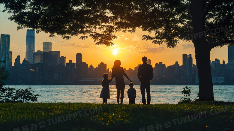 夕阳下一家人在公园玩耍剪影图片