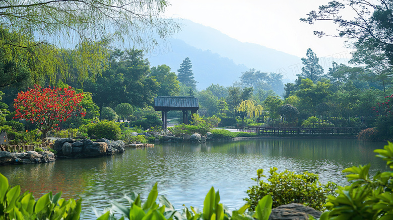 春天的湖畔景色图片