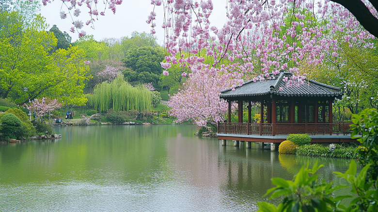 春天湖畔景色图片