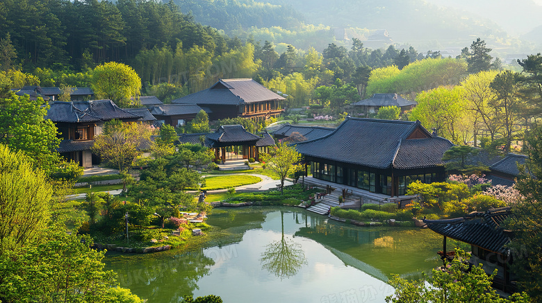 春天的湖畔景色图片