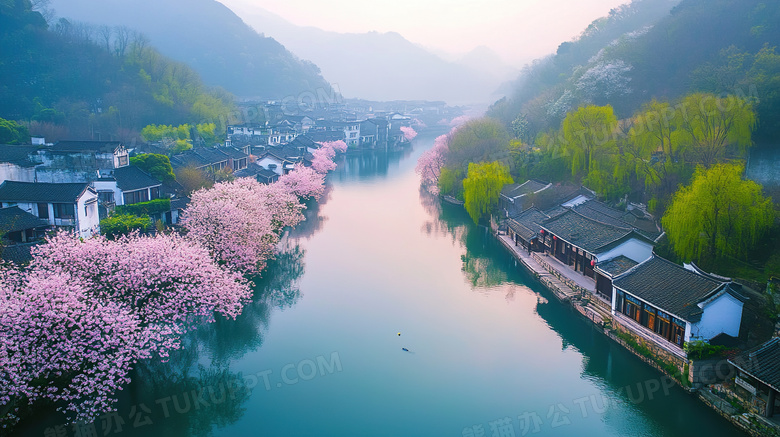 春天的湖畔景色图片