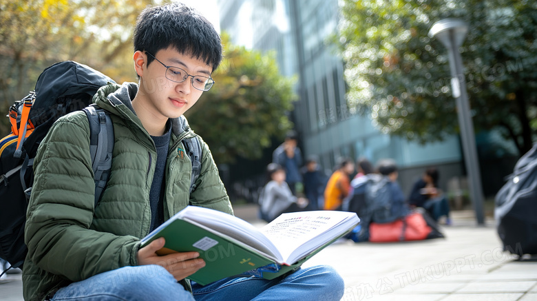 校园内读书看书的男学生图片