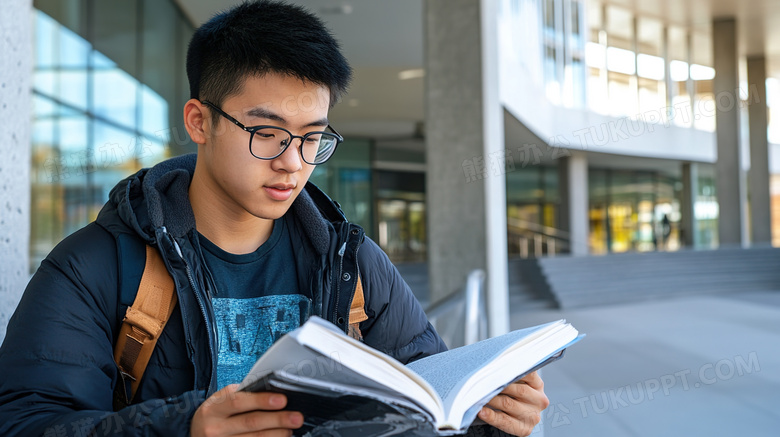 校园内读书看书的男学生图片