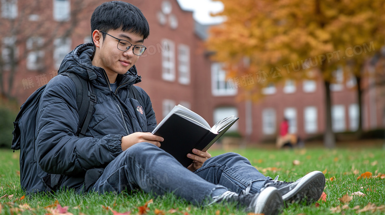 校园内坐在草坪上看书的男学生图片