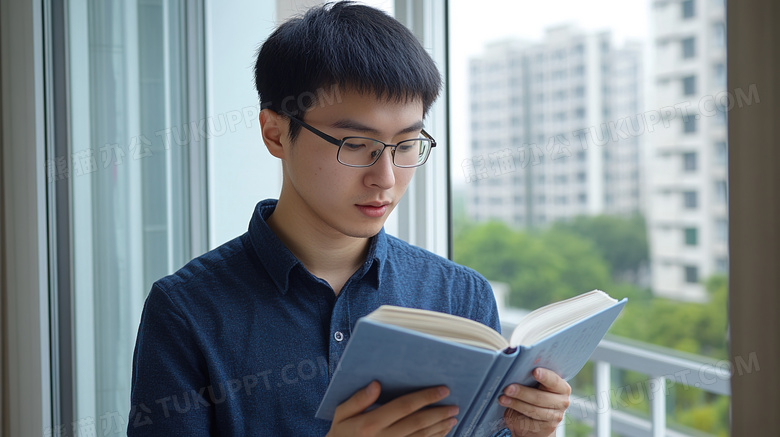 拿着书本阅读看书的男孩图片