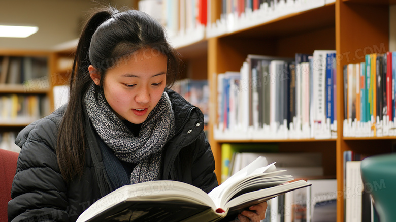 图书馆内阅读书本的女学生图片