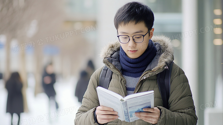 校园内拿着书本阅读的男学生图片