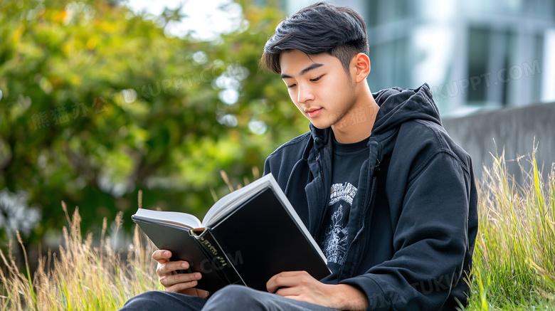 校园内看书的男学生图片