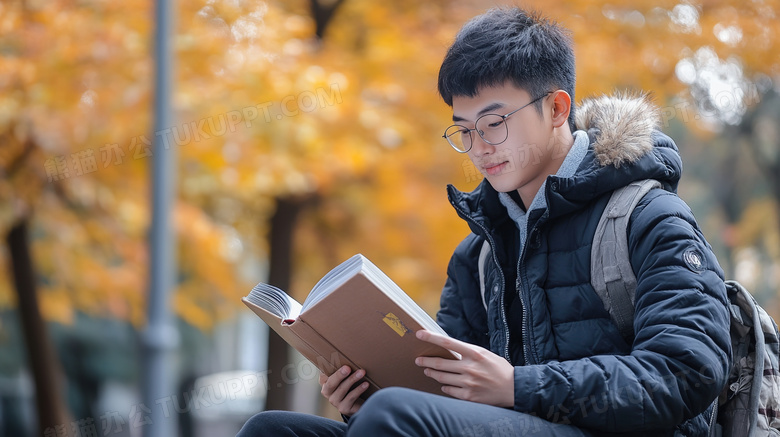 校园内看书的男学生图片