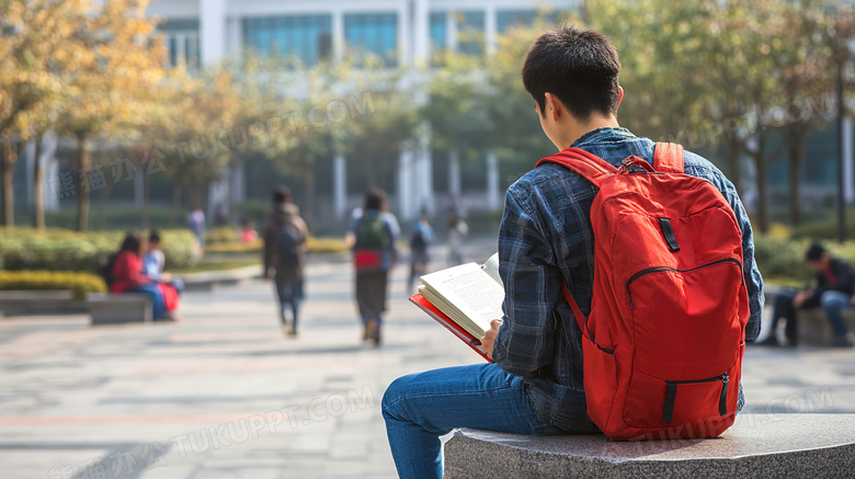 校园内看书的男学生背影图片