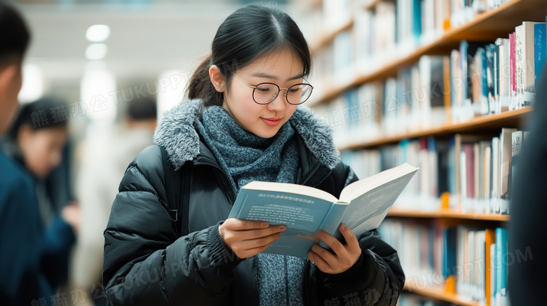 图书馆看书的女学生图片