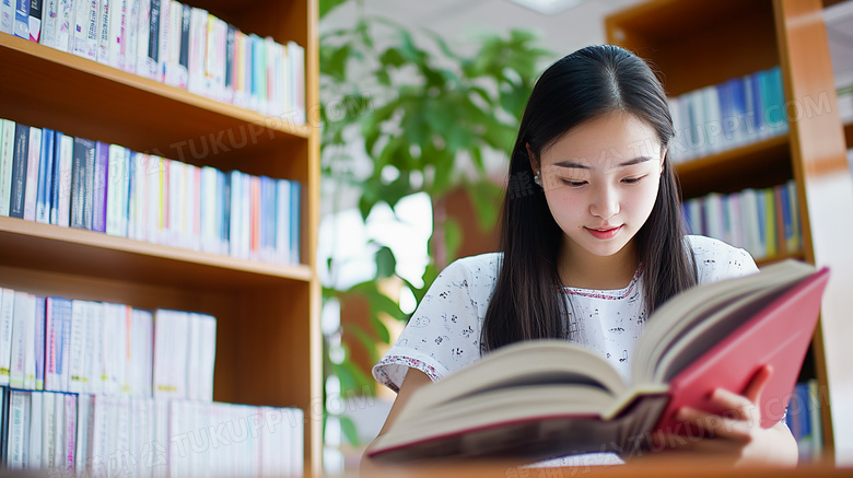 图书馆内看书阅读书籍的女学生图片