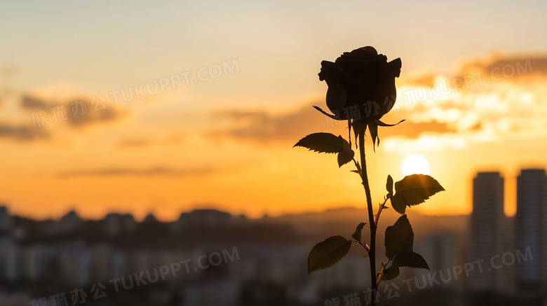 夕阳下一支玫瑰花剪影图片