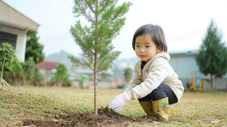 植树节孩子正在植树栽树种树图片