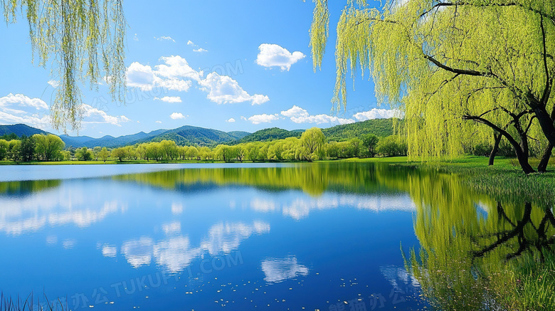 春天湖泊柳树自然风景图片