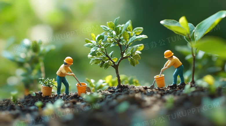 植树节人物户外种树微缩景观图片