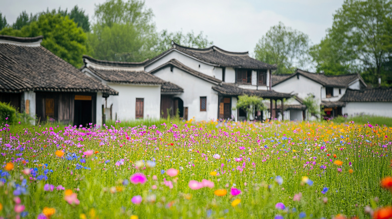 乌镇春日花海与民居图片