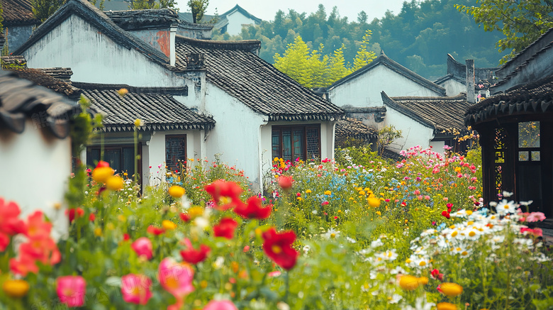 乌镇春日花海与民居图片