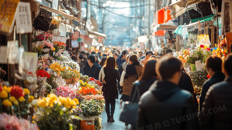 逛花市的人群场景图片