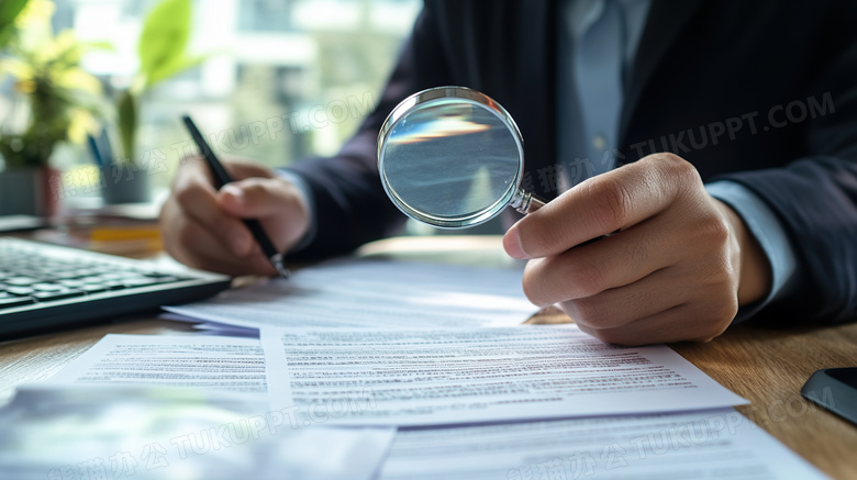 商务人士手拿放大镜局部特写图片