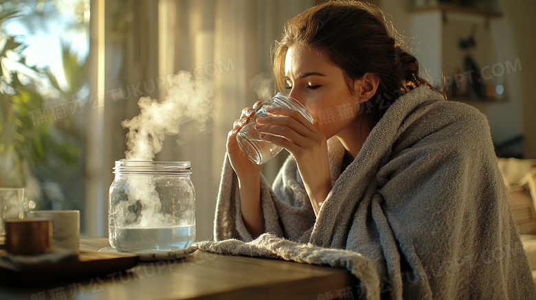 生病裹着毯子喝热水欧美女性图片