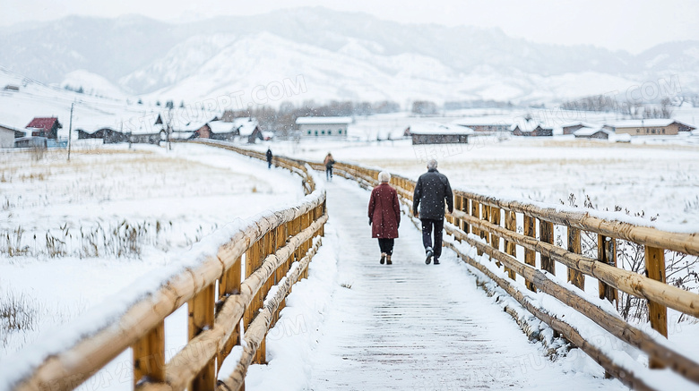 冬天湖面积雪木桥唯美景色图片