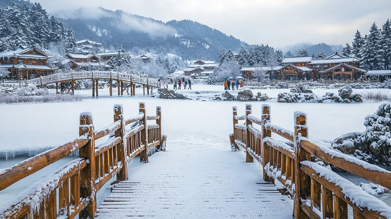 冬天湖面积雪木桥唯美景色图片