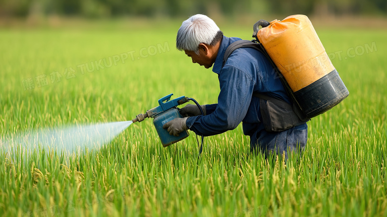 农场农田农民为蔬菜稻田喷洒药物图片