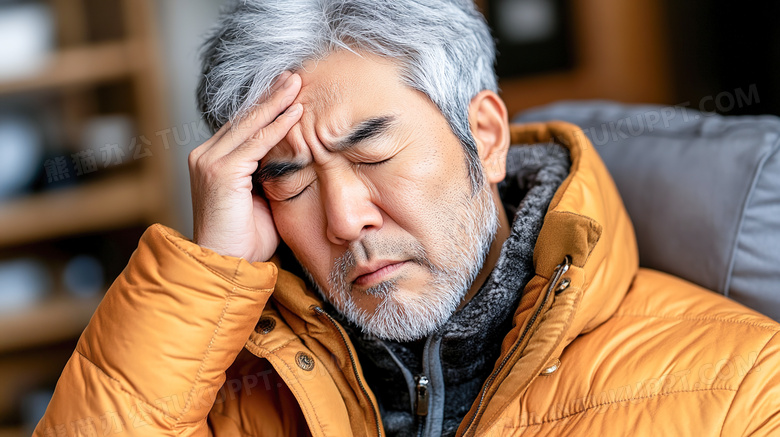 沙发上头疼难受扶着额头的老年男人图片