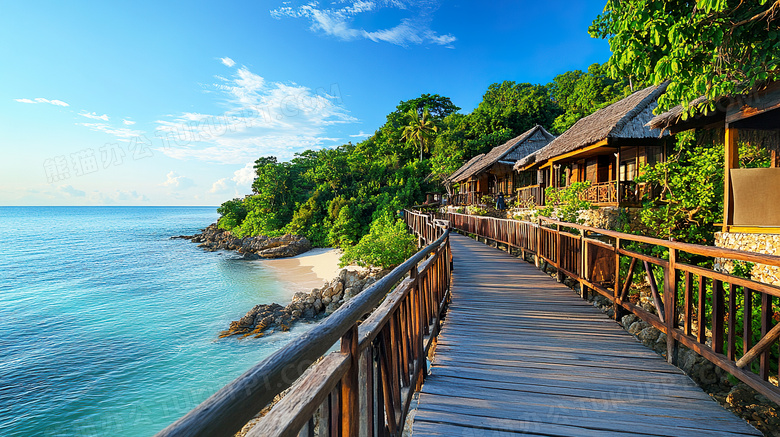 海边海岸边的一座木桥风景图片