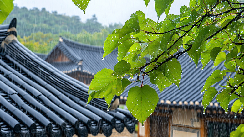 春季雨中的建筑屋檐图片