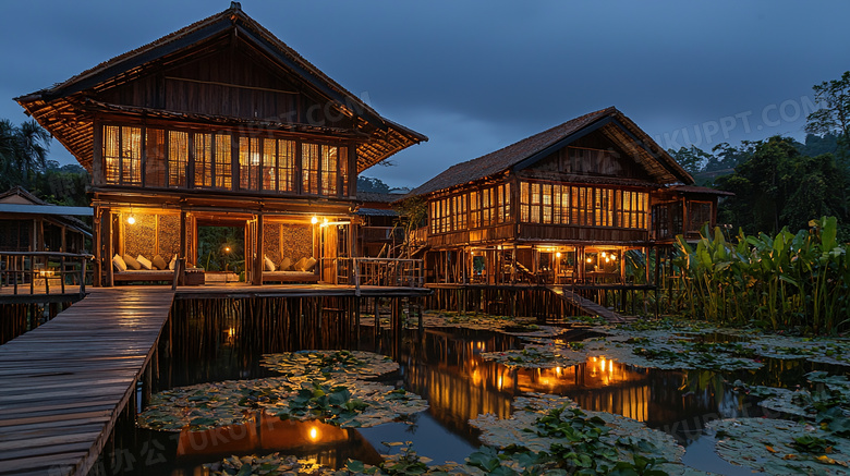 夜晚的山水建筑风景图片