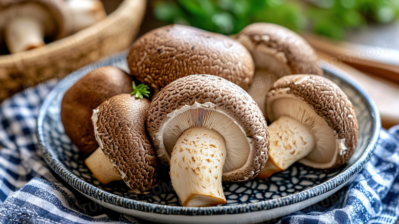 桌面上盘子里美味的食物食材香菇蘑菇图片