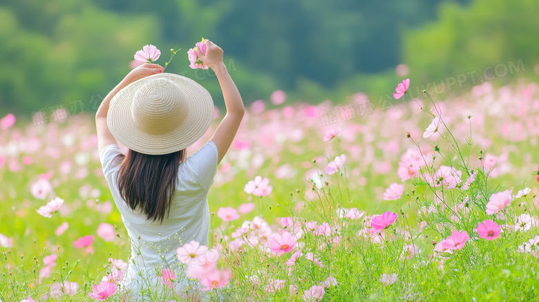 花海中采摘鲜花的文艺女性图片