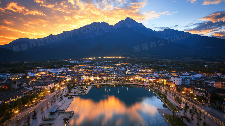古镇建筑物夜景黄昏日落景色图片