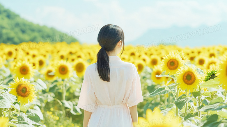 春天女孩站在向日葵花田图片