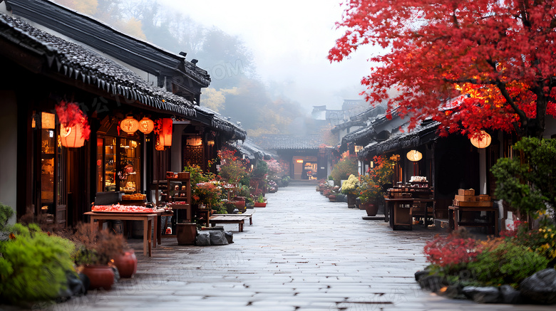 秋天雨后古镇街道商铺中式古建筑枫树图片