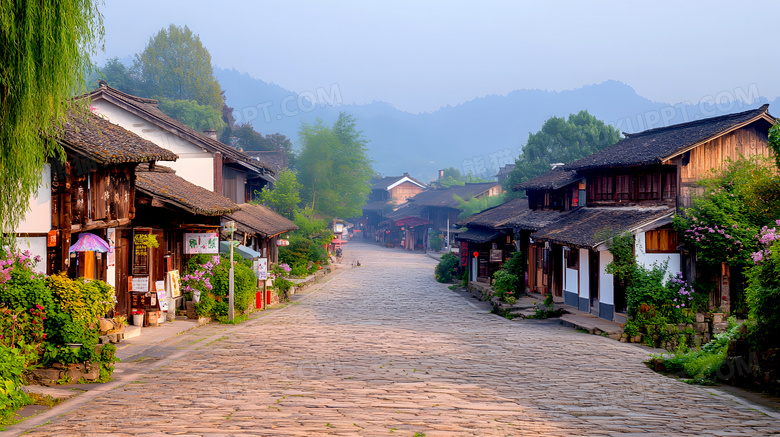 古镇街道商铺中式古建筑石板路图片