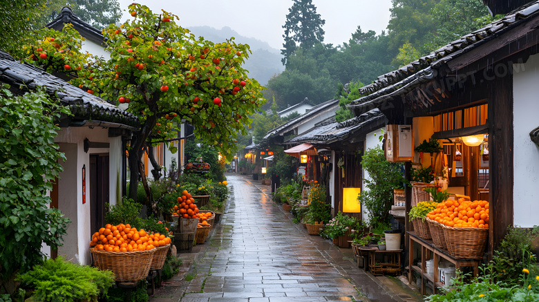 雨后古镇街道商铺中式古建筑图片