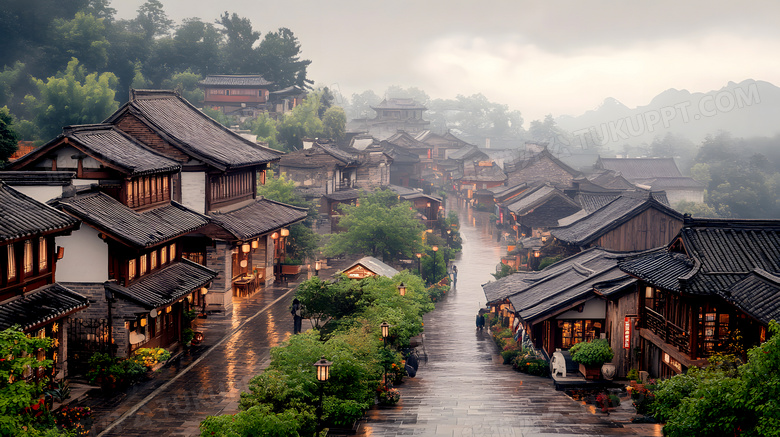 雨后古镇街道商铺中式古建筑柿子树柿子图片